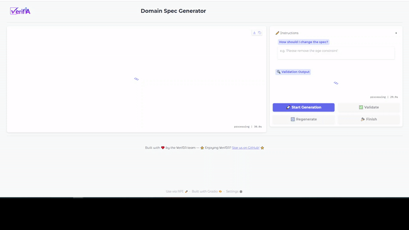 Interactive Domain Spec Generator Demo VerifIA Domain Spec Generator UI in action